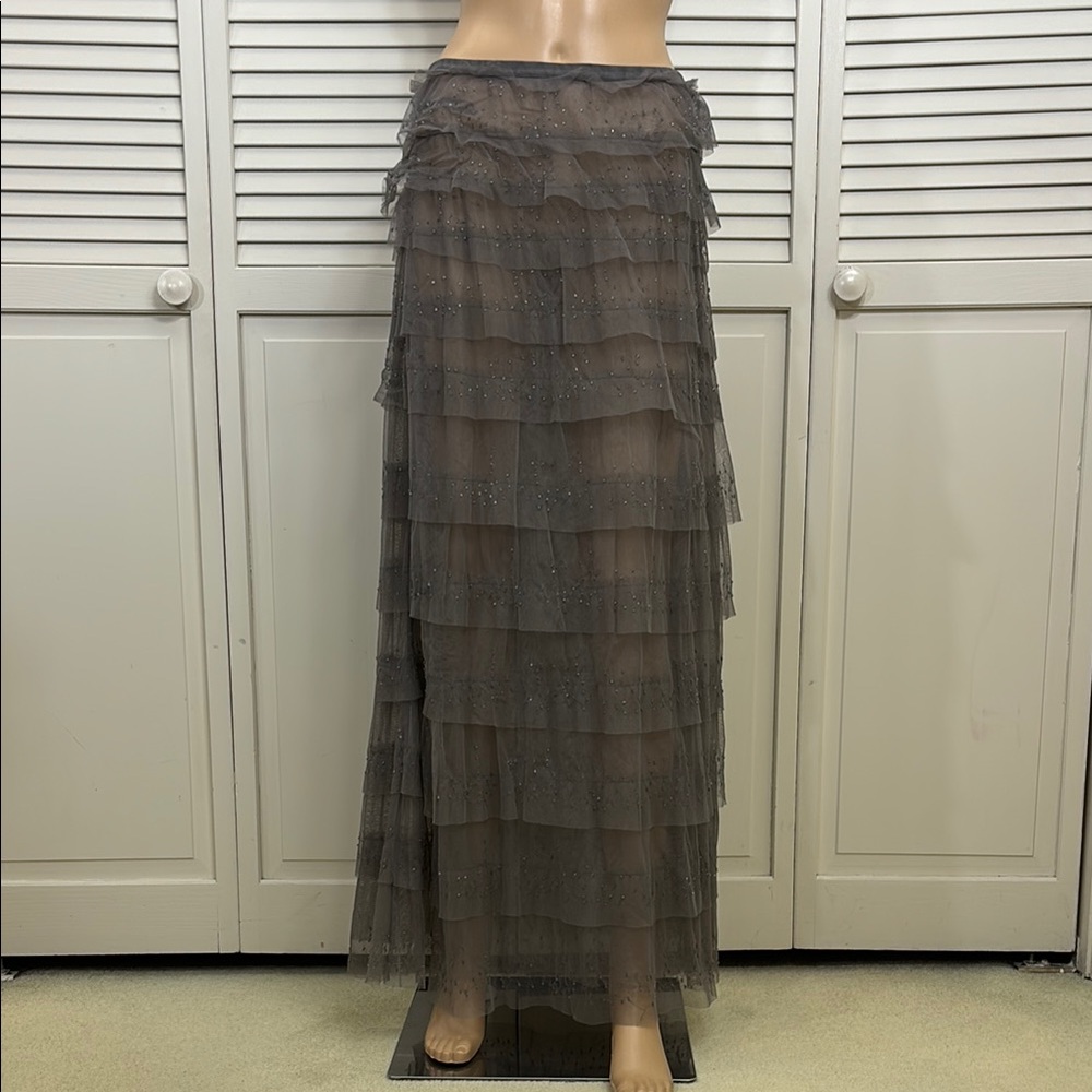 Chan Luu Gray Tiered & Beaded Fairy Maxi Mesh Tulle Skirt Medium - Picture 1 of 14